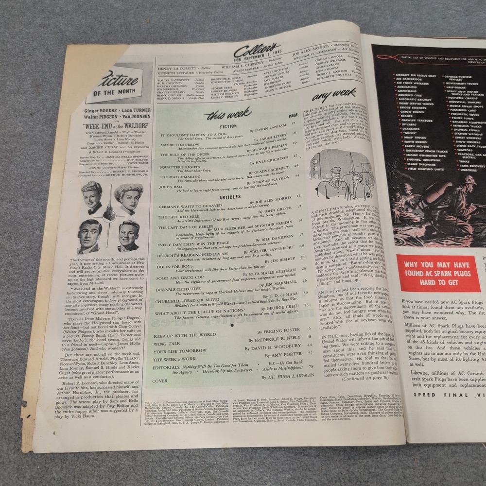 Collier's Magazine September 1‎ 1945 Detroit's Dreams Walter Davenport WWII Era - Picture 2 of 2